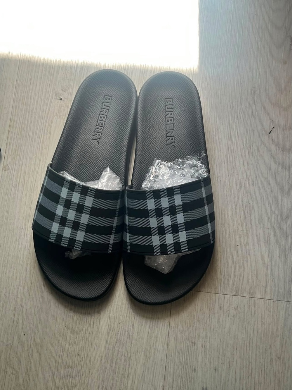 Burberry Black Slide Sandals with Blue Check Strap